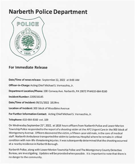 Press Release 309 Woodbine Ave Narberth Borough