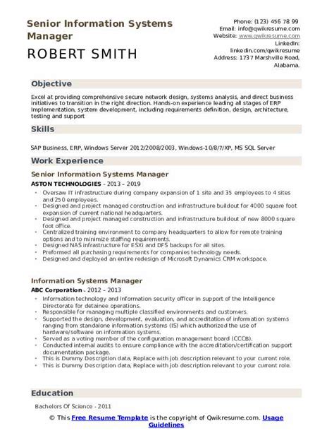 Information Systems Manager Resume Samples Qwikresume