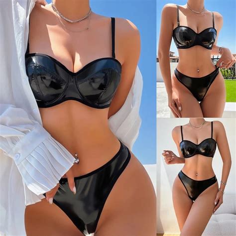 ENSEMBLE DE LINGERIE Look Humide Enchanteur Avec Soutien Gorge En Cuir Verni Et EUR