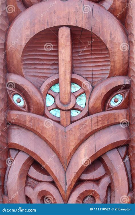 Maori Design Carving In Wood With Paua Shell Eyes Editorial Photo