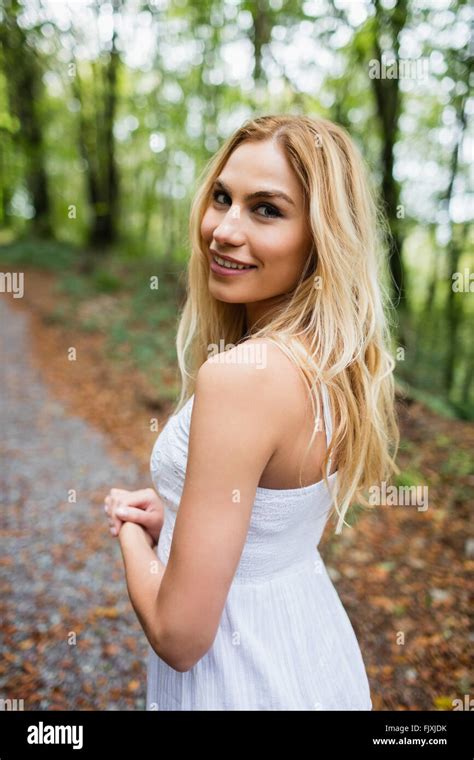 Beautiful Blonde Woman Wearing White Dress Stock Photo Alamy