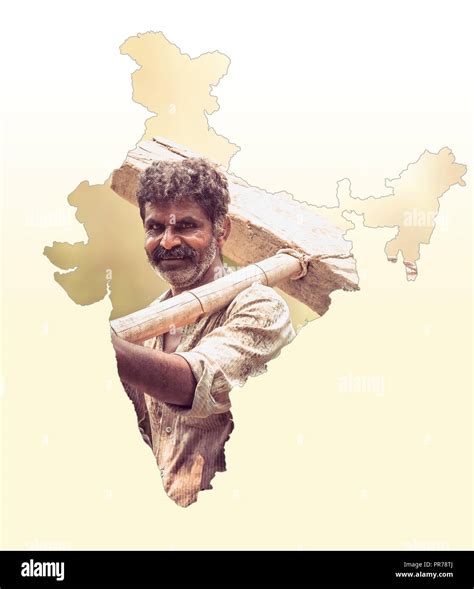 Map Of India Shows Indian Farmer Portrait Holding Plow On White