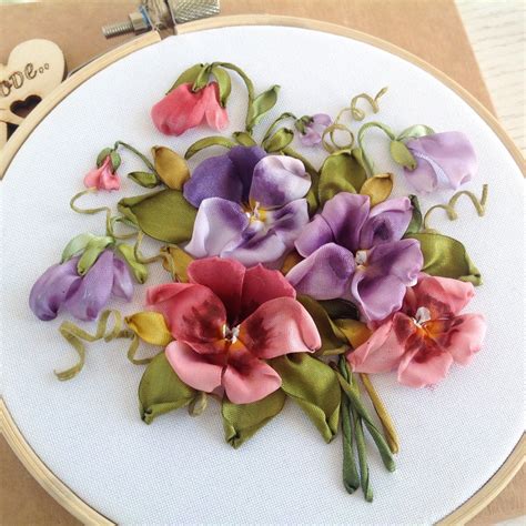 Purple And Red Pansies Embroidery Art Framed Silk Ribbon Etsy Silk