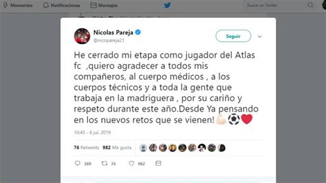 Nicol S Pareja Dice Adi S Al Atlas Tras Minutos De Liga Mx Tudn