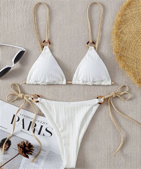 White Ring Sexy Bikini Set Cute Linked Triangle Tie Side Triangle Thong Biquini Swimsuit