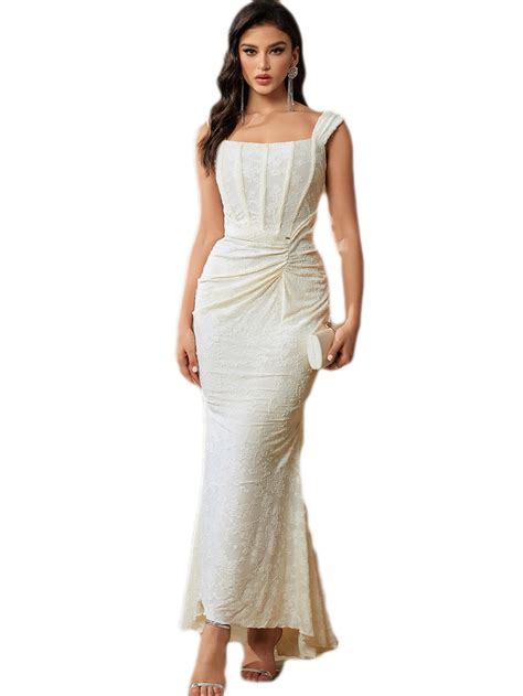 Elegant Lace Bodycon Fishtail Dress Wedding Guest Fishbone Shoulder