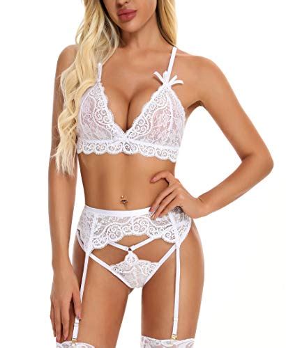 Racicio Garter Lace Lingerie Set Sexy Lingerie For Women Babydoll Bodysuit White Small US