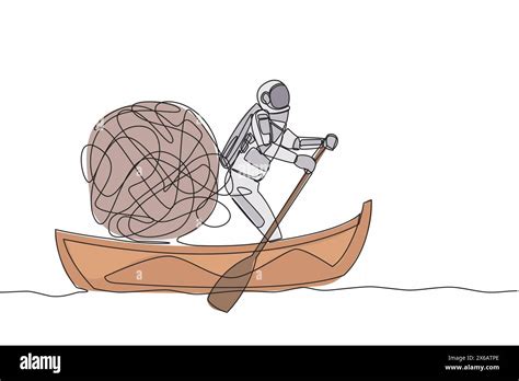 Single One Line Drawing Of Astronaut Sailing Away On Boat With Messy