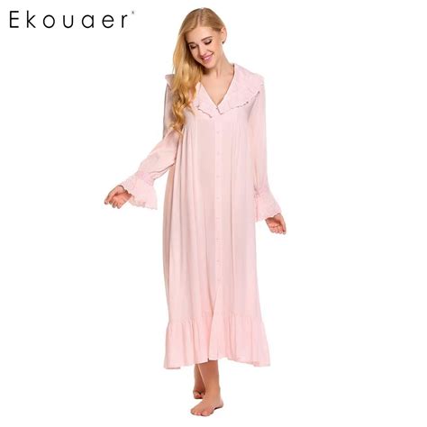 Ekouaer Brand Victorian Bell Sleeve Nightwear Women Elegant V Neck Maxi