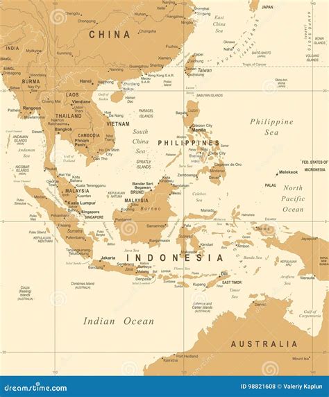 Southeast Asia Map - Vintage Vector Illustration Stock Illustration - Illustration of locations ...