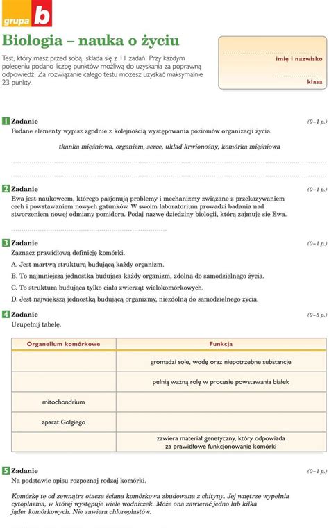 Test Biologia Nauka O Yciu Klasa Nowa Era