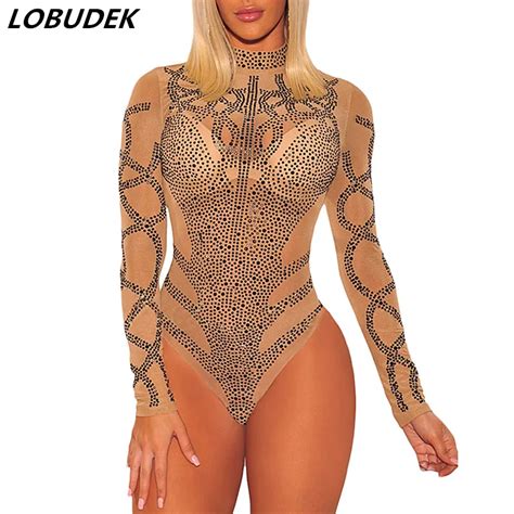 2 Colors Crystals Female Bodysuit Sexy Mesh Perspective Jumpsuit See Through Costume Nightclub