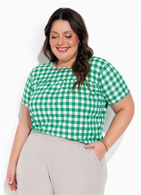 Blusa Xadrez Verde Franzido Plus Size Marguerite