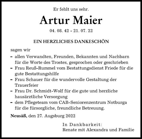 Traueranzeigen Von Artur Maier Augsburger Allgemeine Zeitung