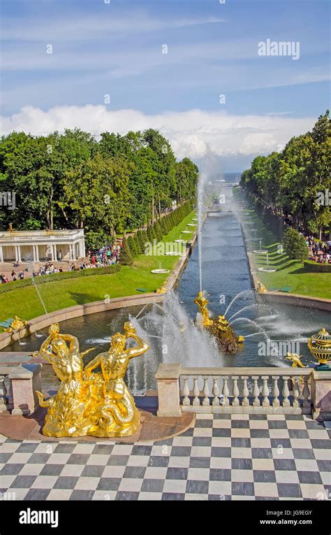 Peterhof Palace Grand Cascade With Fountains And Gardens In Summer Near