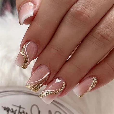 Amazon 24Pcs Nude Press On Nails Square Short Fake Nails Gold Glitter Designs Acrylic