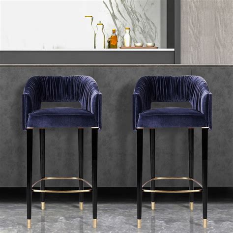modern blue velvet counter height bar stool  footrest