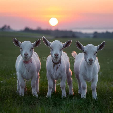 Serenity At Sunset Portrait Of Three Adorable Kid Goats Stock