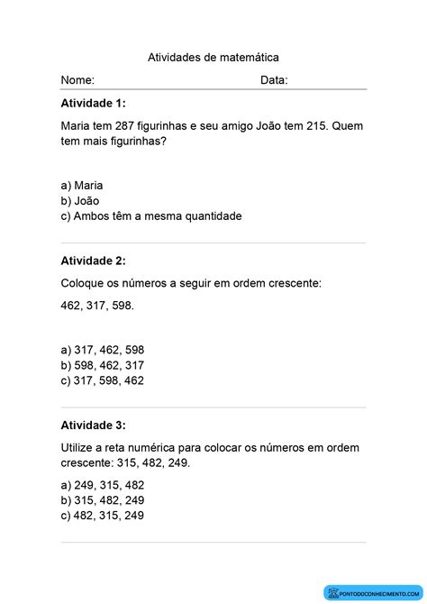 Atividade de matemática para reforço para 1º bimestre do 3º ano do