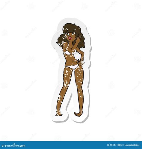 A Creative Retro Distressed Sticker Of A Cartoon Pretty Woman In Bikini Stock Vector