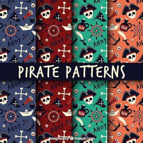 Set Of Flat Pirate Patterns With Skulls Free Vector
