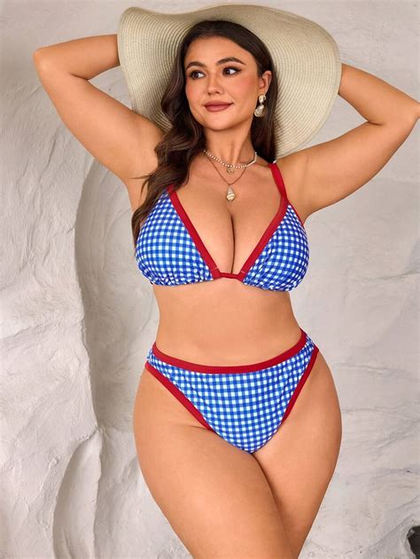 Swim Mod Plus Size Women 2 Pieces Plaid Print Bikini Set Vacation Wear SHEIN USA