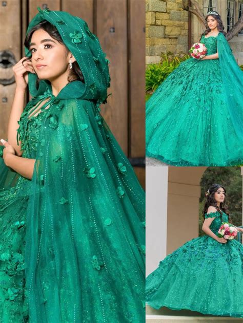 Emerald green quiceanera gown with cape – Artofit