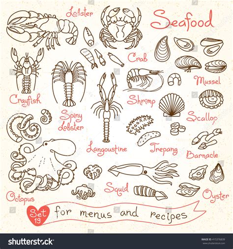 Set Drawings Seafood Design Menus Recipes Vector De Stock Libre De