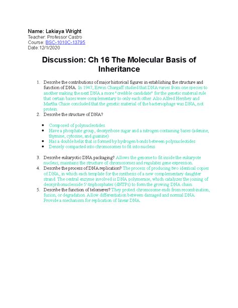 Chapter 16 The Molecular Basis of Inheritance - Name: Lakiaya Wright