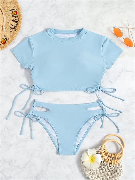 SHEIN Swim Vcay Solid Bikini Set Short Sleeve Tee Cut Out Tie Side Bottom 2 Piece Bathing Suit