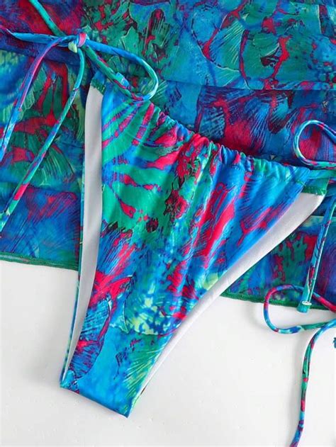 Shein Swim Sxy Allover Print Halter Triangle Bikini Swimsuit With Beach Skirt Shein Usa