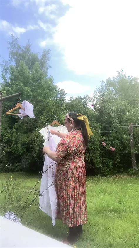 In Vintage Floral Pattern Dress For A Day Hanging Laundry Gay Amateur