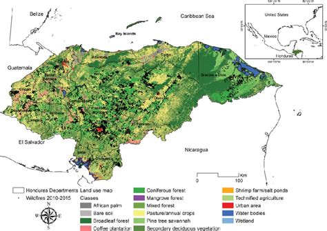 Location and land cover map of Honduras, located in Central America ...