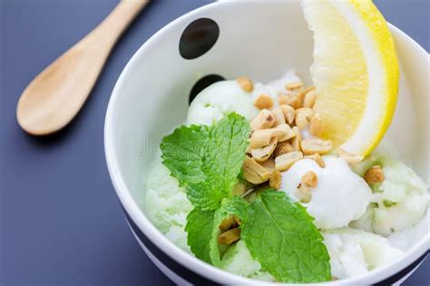 Homemade Ice Cream With A Lime Slice And Mint Stock Image Image Of