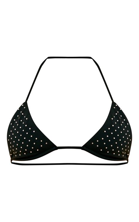 Black Diamante Detail Micro Triangle Bikini Top Swimwear Plt Uae