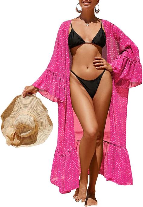 Eddoyee Rose Dot Print Swimsuit Cover Ups For Women Flared Sleeves