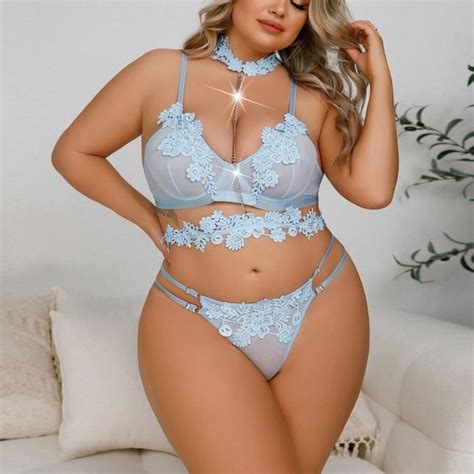Ensemble de sous vêtements brodés transparents en dentelle de lingerie sexy grande taille Bleu