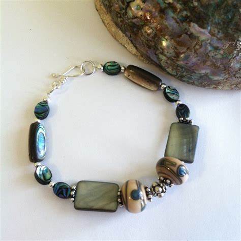 Abalone Shell Bracelet Green Paua And Lamp Work Glass Beaded Handmade