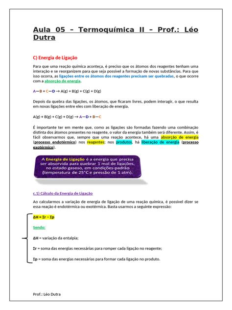 Aula 05 - Termoquímica II - Prof.: Léo Dutra: C) Energia de Ligação | PDF