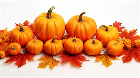 Premium Photo | Pumpkins with fall leaves over white background