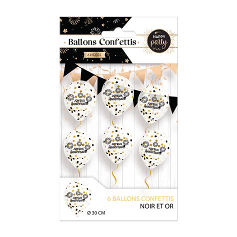 SACHET 6 BALLONS CONFETTIS OR ET NOIRS JOYEUX ANNIVERSAIRE HAPPY PARTY