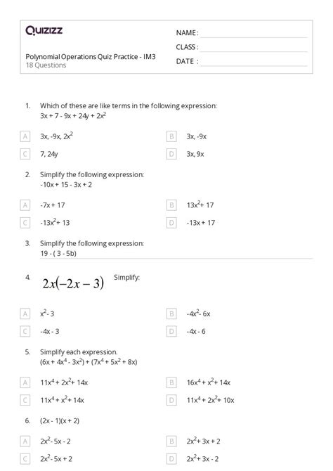 Polynomial Operations Worksheets On Quizizz Free Printable