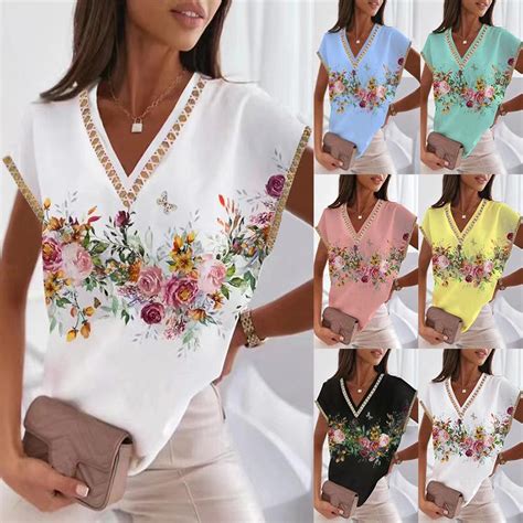 Новые модные женские летние повседневные футболки с v-образным вырезом ...