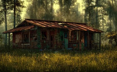 Photorealistic Abandoned Cyberpunk Rustic Metal Cabin Stable