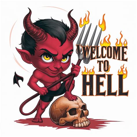 Chibi Devil Character With Fiery Typography Welcome To Hell Premium