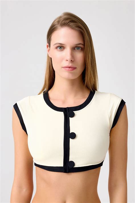 Los Ojos x Melodi Krem Siyah Fitilli Halter Yaka Bikini Üstü Vintage