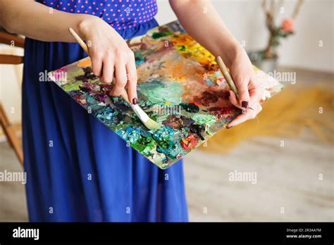 Artists Brushes And Oil Paints On Wooden Palette Macro Artists