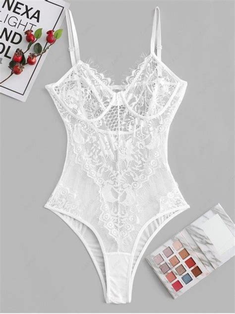 33 OFF 2021 Sheer Mesh Eyelash Lace Lingerie Teddy In WHITE ZAFUL