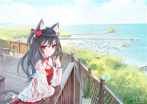 Safebooru 1girl Animal Ears Bare Shoulders Bell Black Hair Cat Ears