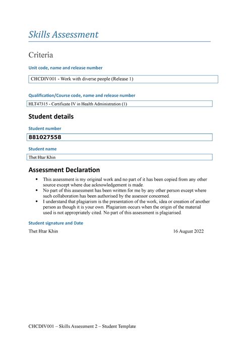 Skills Assessment Criteria CHCDIV001 Studocu